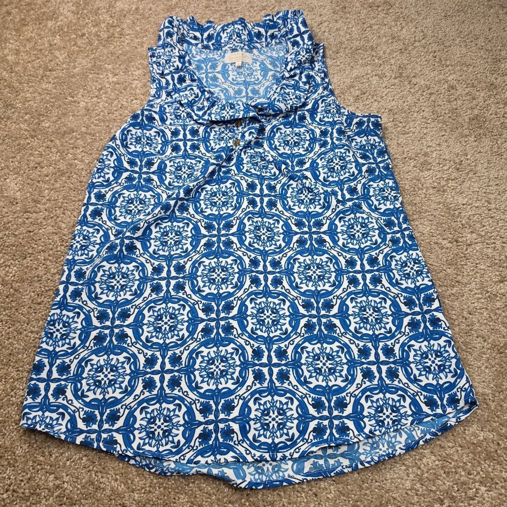 Mud Pie Top Sleeveless Ruffle Neck Blue White Tile Medallion Preppy Small
